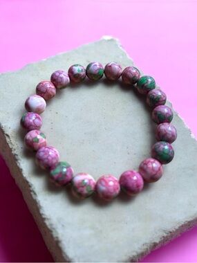 Pink Floral 9mm Beaded Jade Stretch Bracelet - Mimi